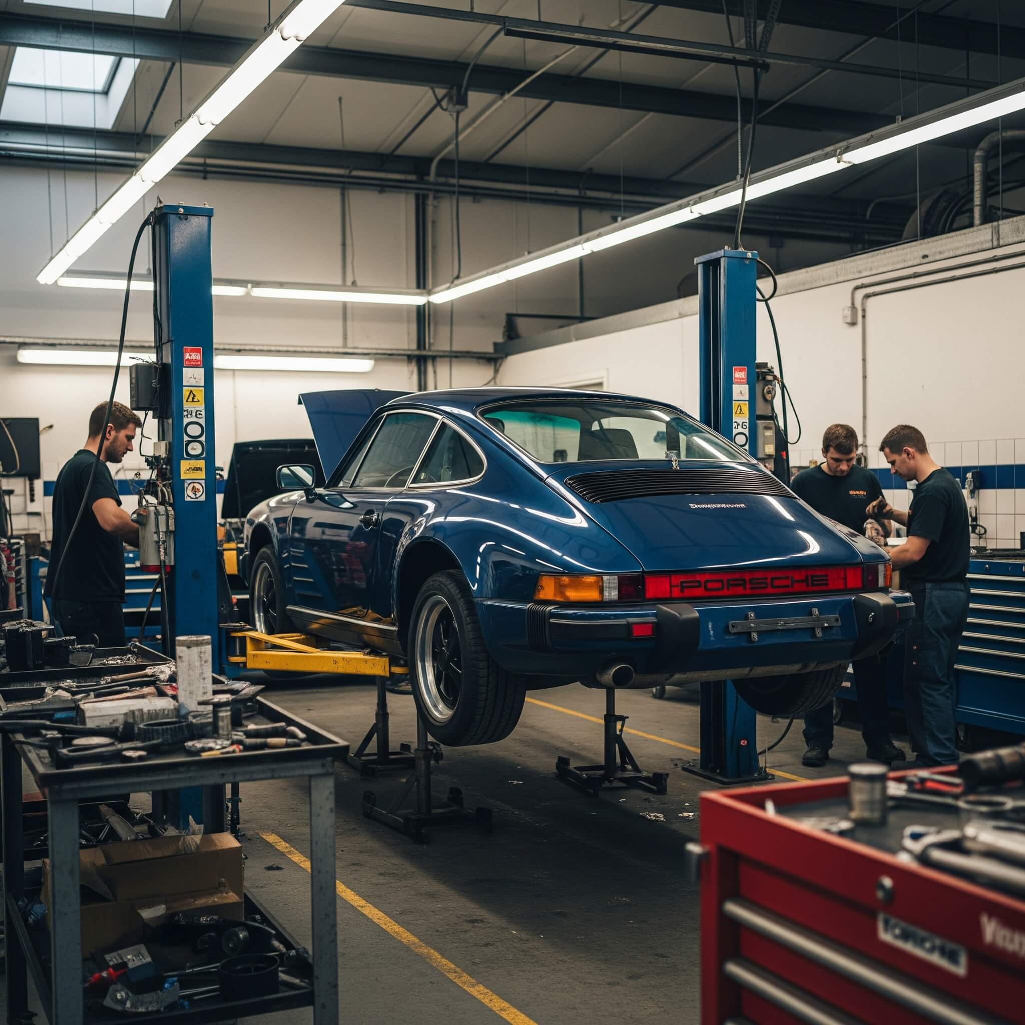 servicing blue porsche in auckland mechanic shop